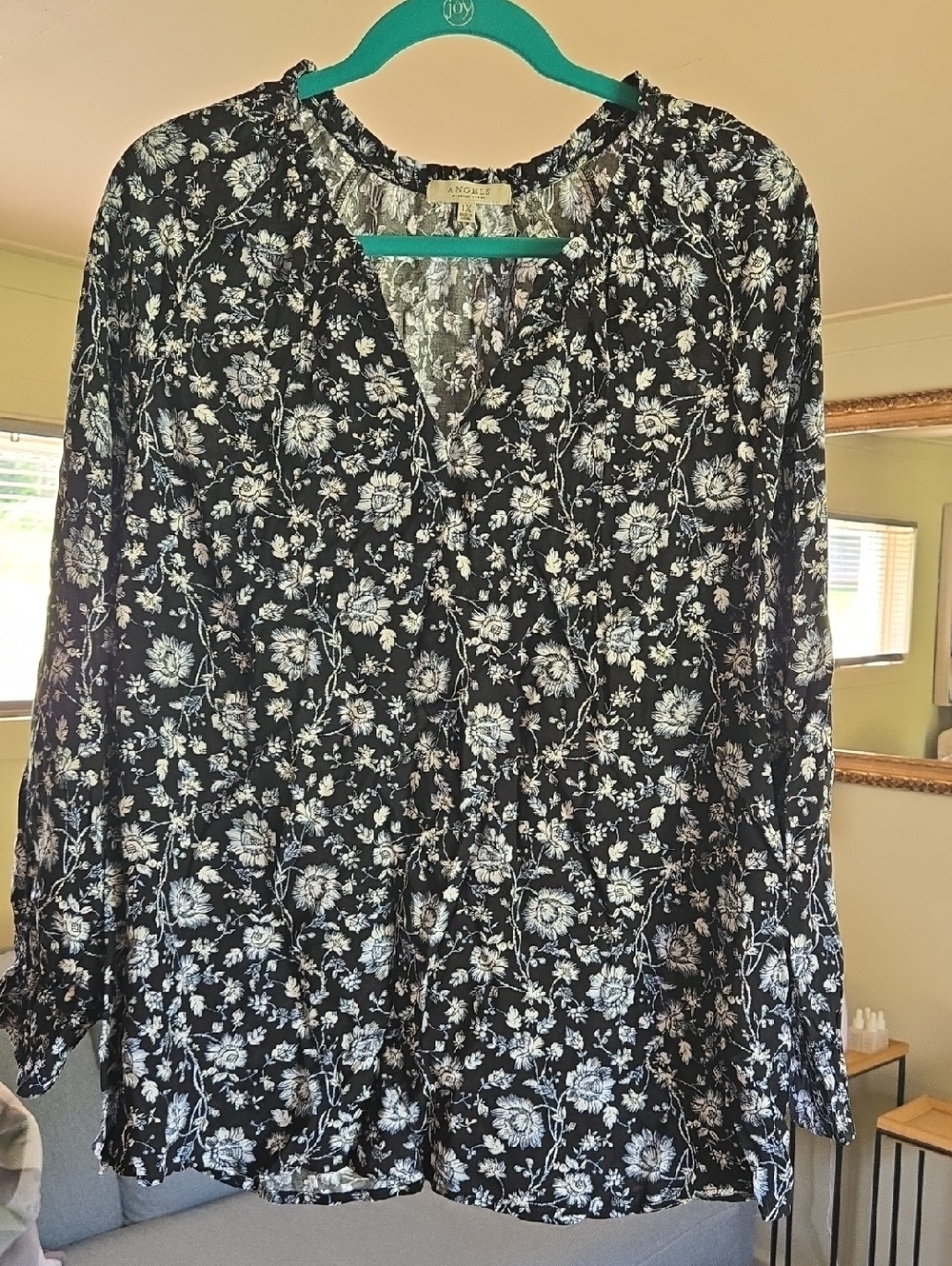 Angels Black Floral V-Neck Peasant Blouse